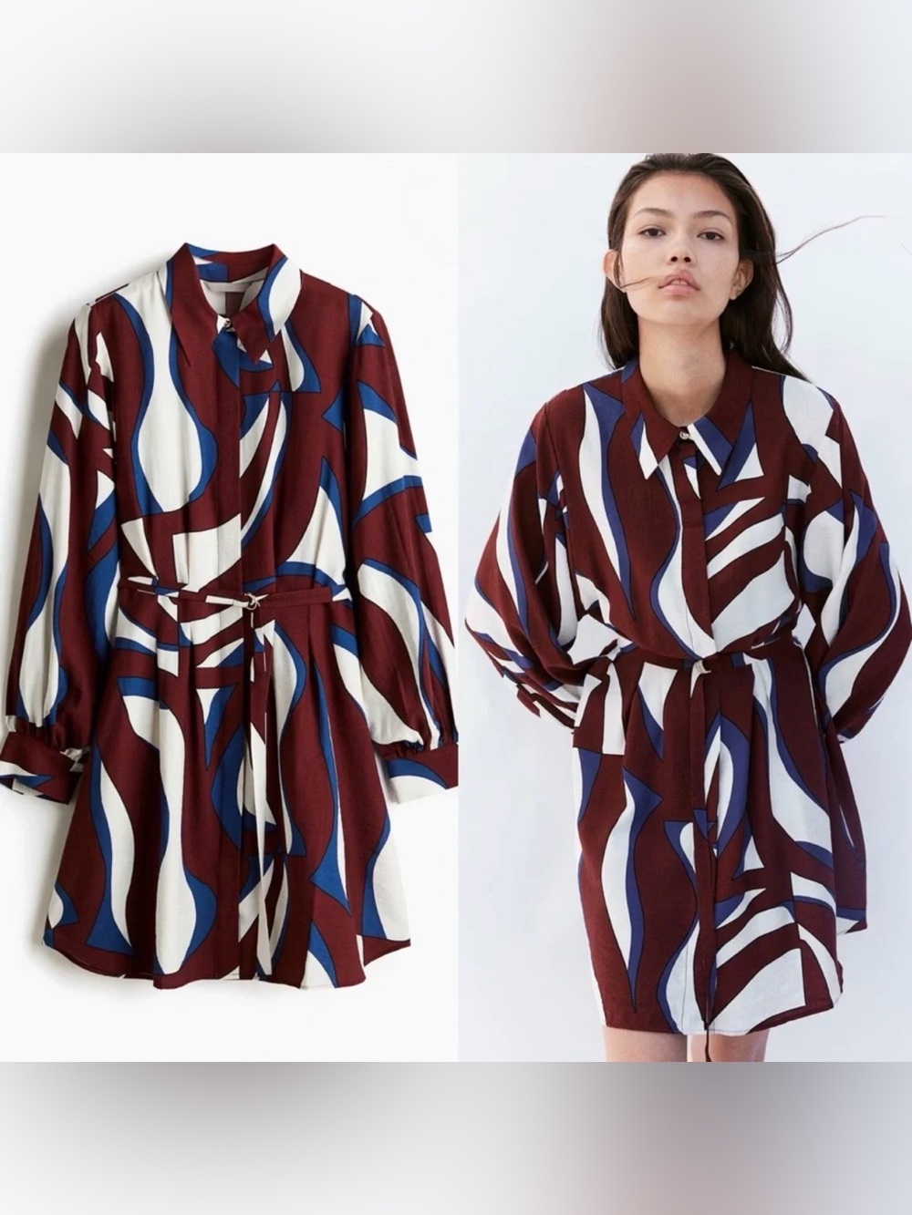 H&M Women’s Burgundy Abstract Print Button-Up Dress